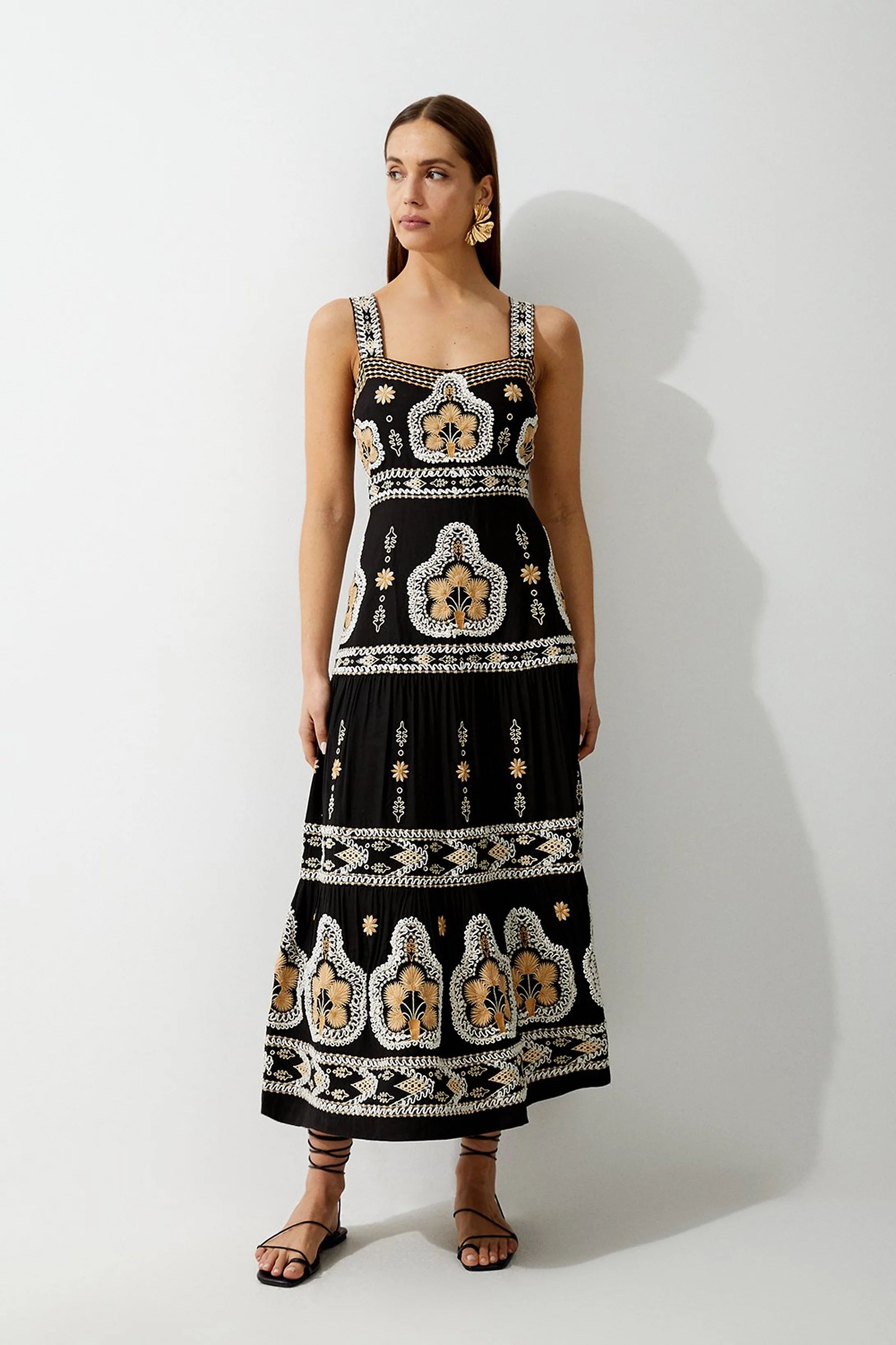 Linen Corded Embroidered Strappy Woven Maxi Dress | Karen Millen US