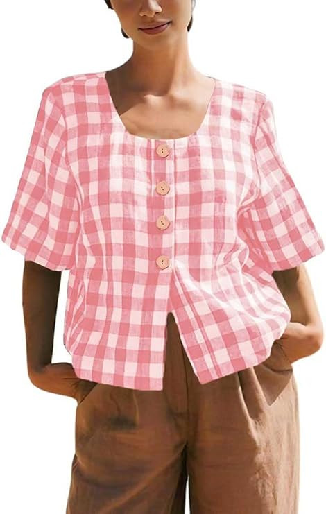 chouyatou Women's Gingham Button Down Shirt Cotton Shirt Plaid Blouses Short Sleeve Summer Tunic ... | Amazon (US)
