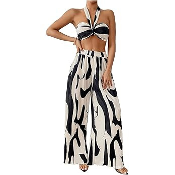OYOANGLE Women's 2 Piece Vacation Outfits Graphic Print Knitted Crop Halter Top and Wide Leg Pant... | Amazon (US)
