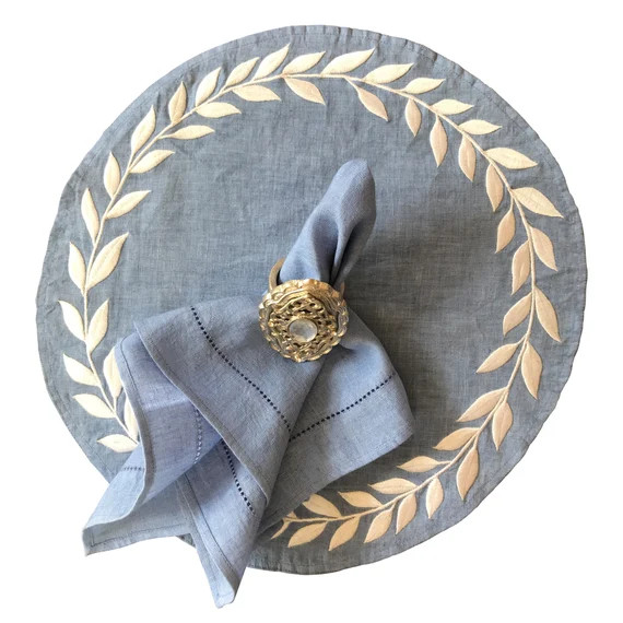 Light blue round placemat with white silk thread embroidery | Etsy | Etsy (US)