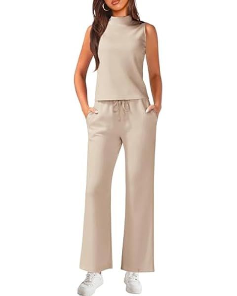 SAMPEEL Two Piece Sets for Women Summer Outfits Lounge Sets Mock Neck Tops Wide Leg Crop Pants Va... | Amazon (US)
