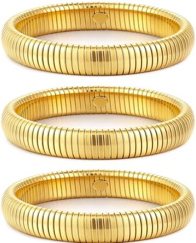 Gold Bangles for Women Set of 3 Chunky Stretch Bangles Bracelets 24K Gold Plated Stainless Steel ... | Amazon (US)