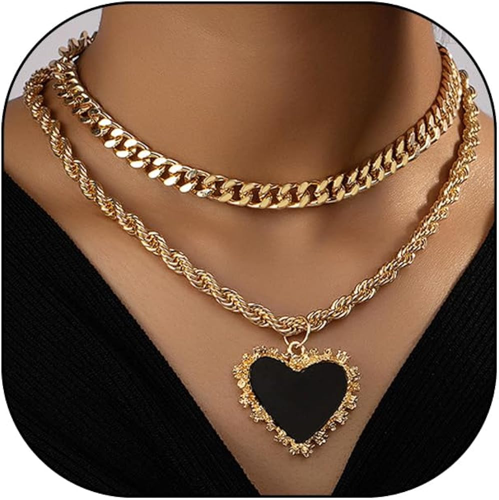 YOOESTORES82 14K Gold Heart Pendant Necklaces for Women Punk Layered Chunky Heart Choker Necklace... | Amazon (US)