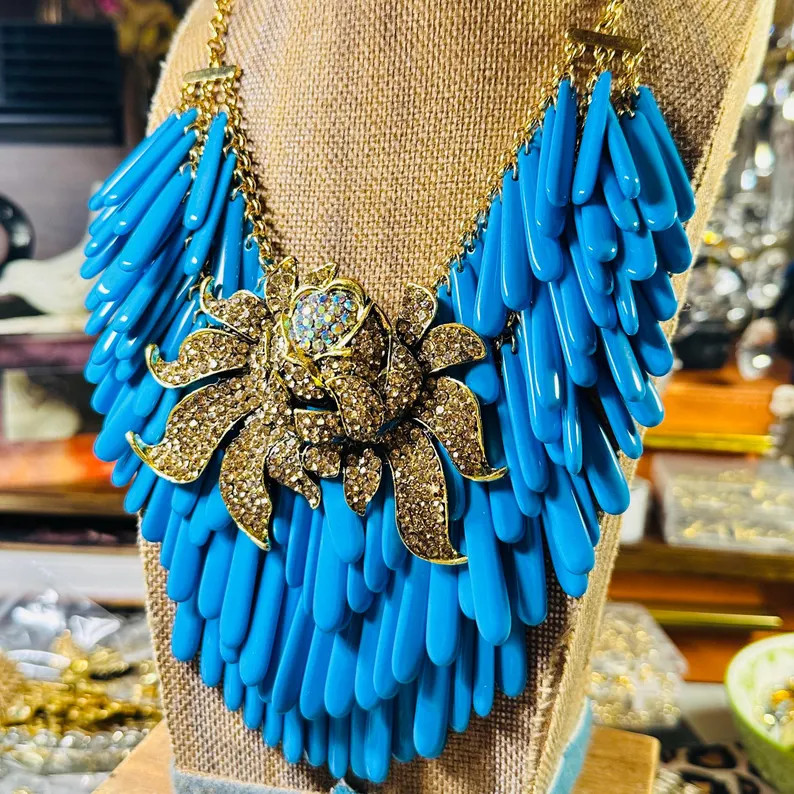 Azure Empress | 1990s Blue Resin Fringe Statement Necklace with Crystal Floral Brooch | Patina & ... | Etsy (US)