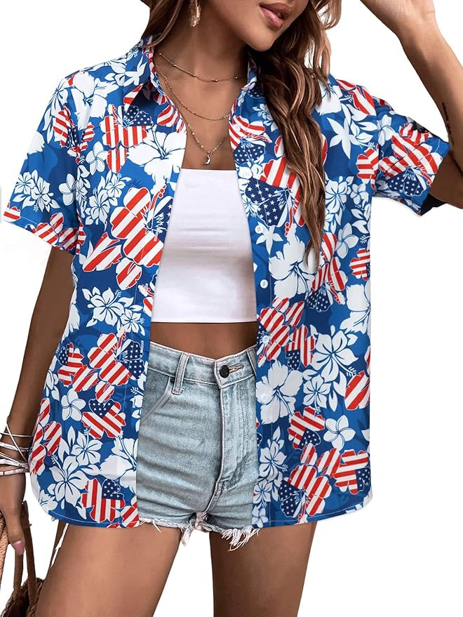 FRYAID American Flag Shirt Women 4th of July Shirts Hawaii Floral Patriotic Stars Stripes Tee USA... | Amazon (US)