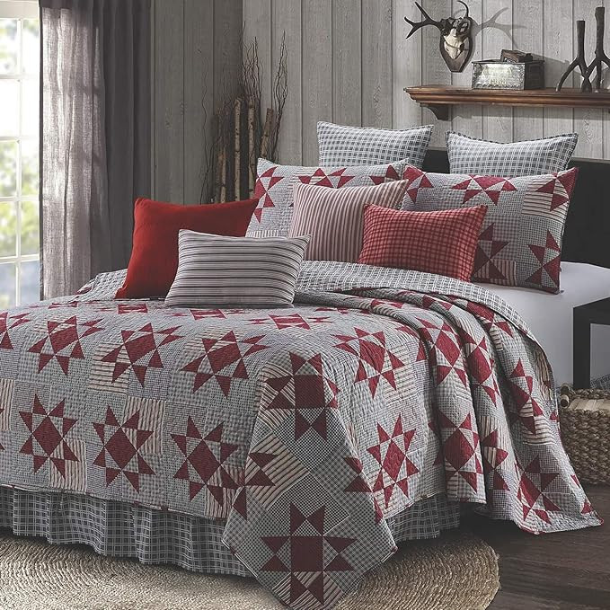 Virah Bella 3 Piece King Cabin Quilt Bedding Set - Carolina Red - Rustic Country Reversible Patch... | Amazon (US)