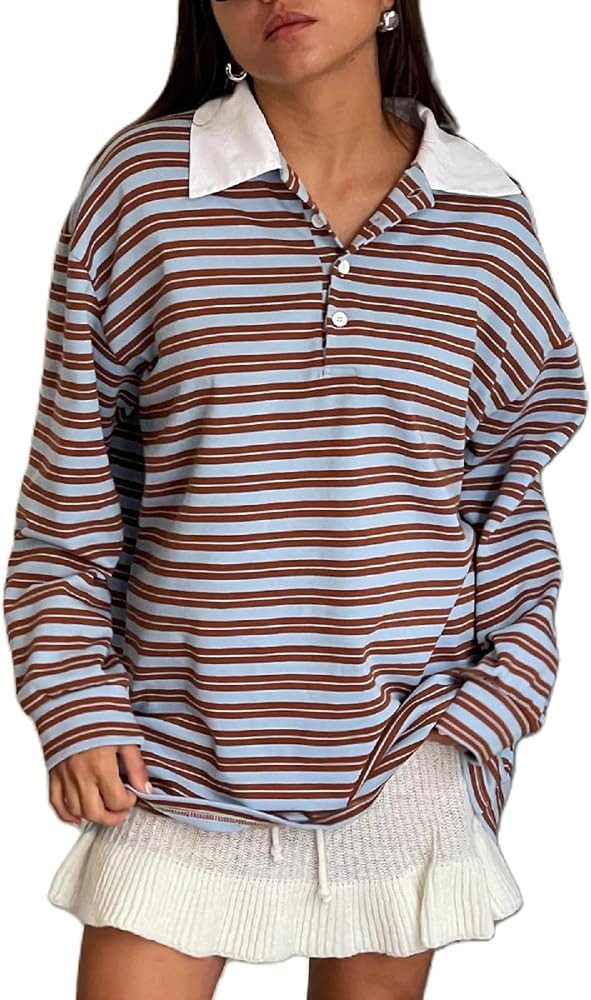 Women Striped Oversized Sweatshirt Color Block Rugby Polo Sweatshirts Vintage Long Sleeve Fall Pu... | Amazon (US)