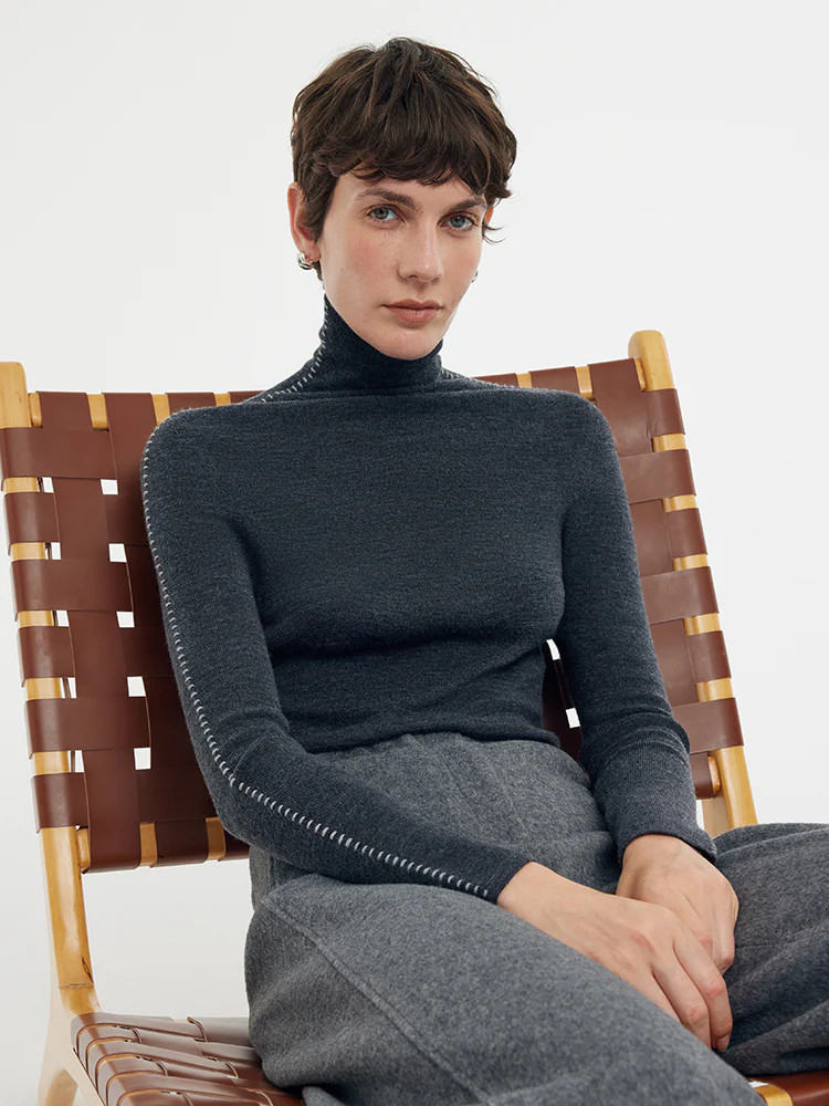 Machine Washable Wool Turtleneck Women Knit Top - Dark Melange Grey / S | GOELIA