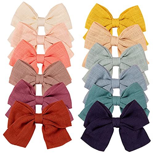 Baby Hair Clips,Bows for Girls with Fully Lined Alligator Hair Clip,12 Pack Neutral Linen Hair Acces | Amazon (US)