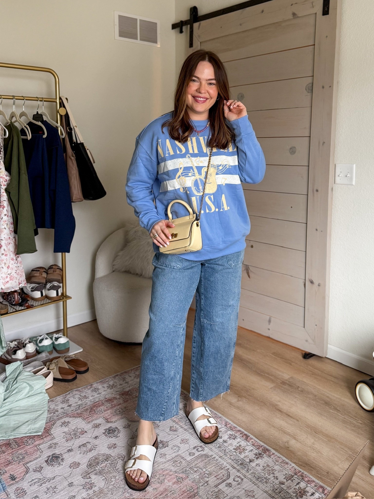 Casual mom outfit perfect for running errands / size 12 in jeans and 1x in crewneck // affordable fashion / crewneck / butter yellow / spring sandals / mom jeanss

#LTKootd #LTKmomlife #LTKMidsize