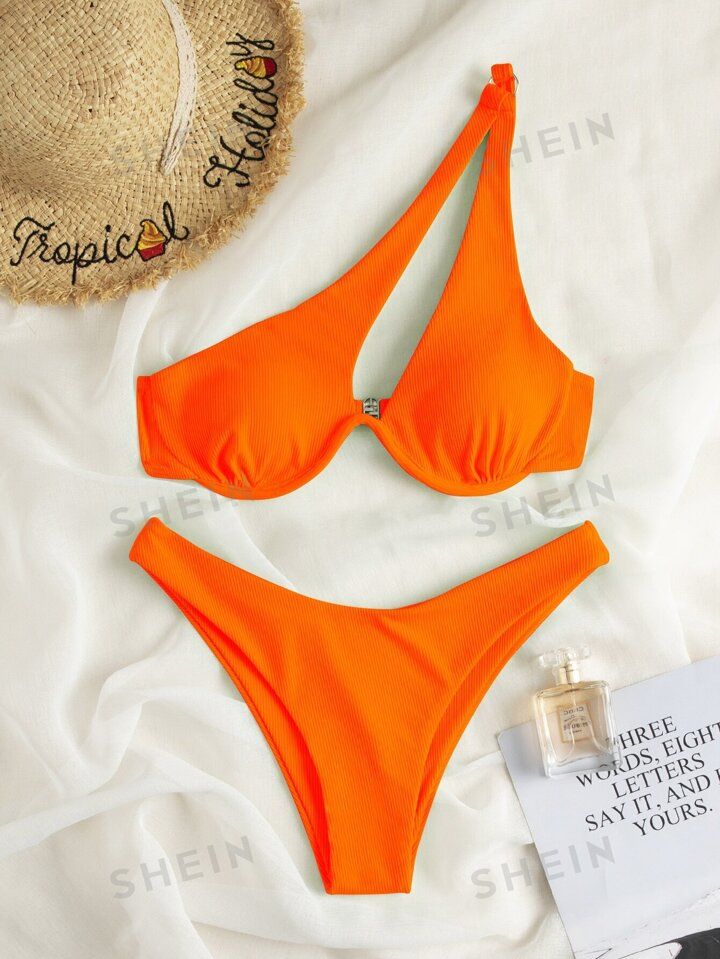 SHEIN Swim Basics Summer Beach Rib One Shoulder Underwire High Cut Bikini | SHEIN
