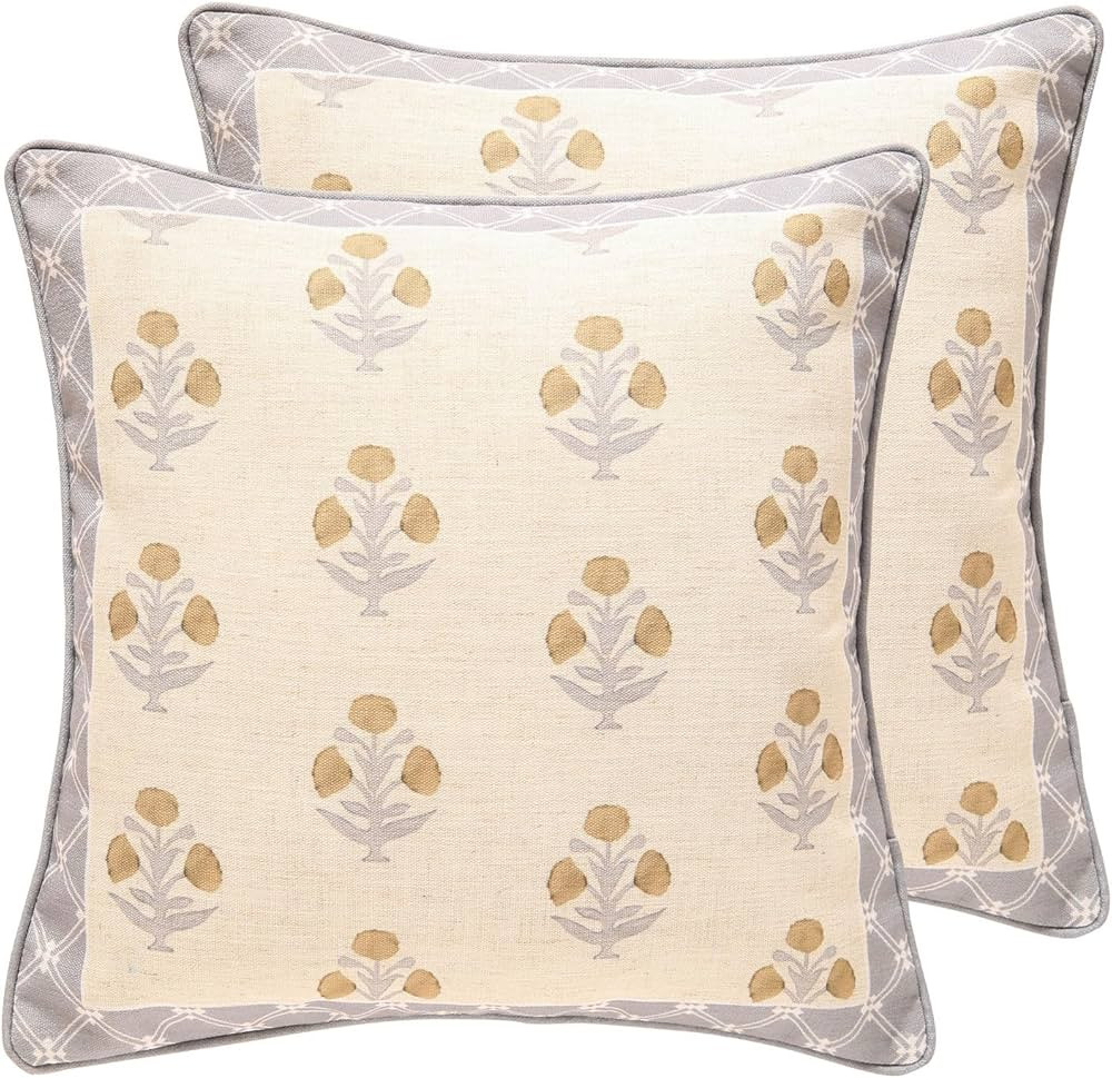 patdrea Designer Square Throw Pillow Covers Set of 2,Rustic Linen with Elegant Grey Blue Floral P... | Amazon (US)