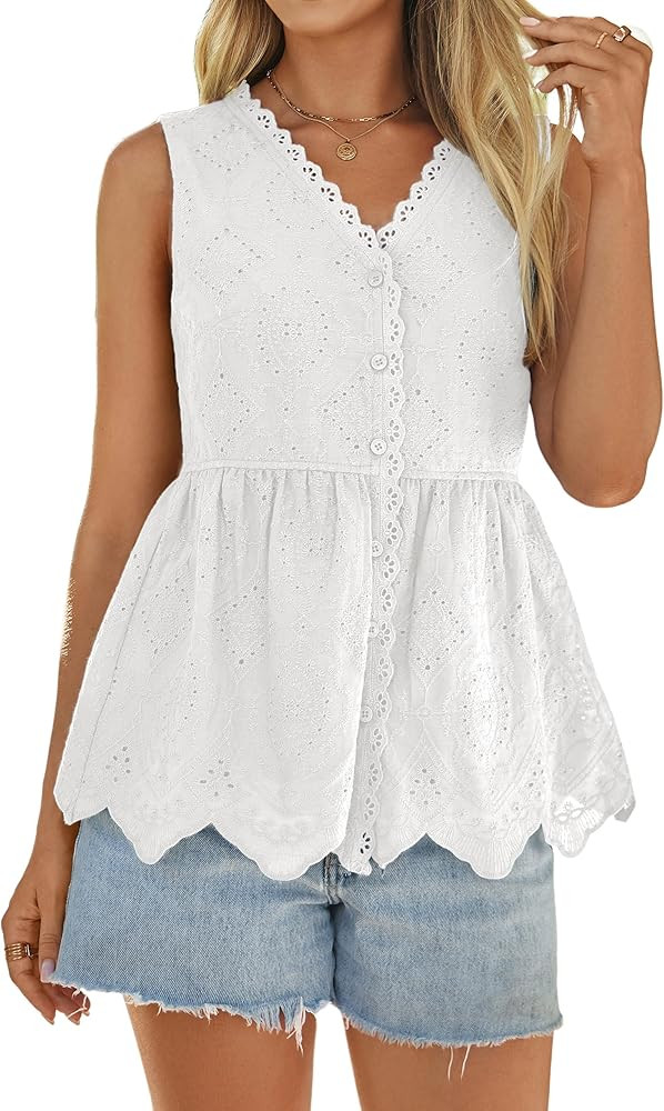 Simplee Womens Tank Top 2026 Summer Casual Babydoll Sleeveless Eyelet Embroidered V Neck Button D... | Amazon (US)