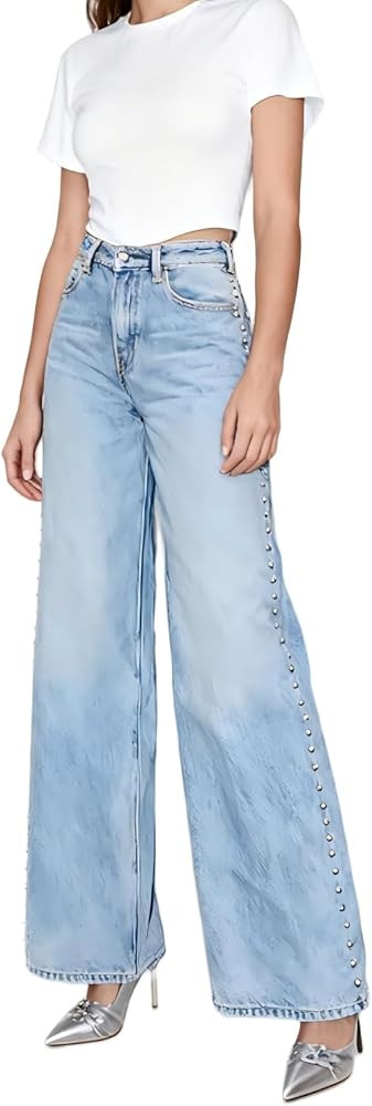 Women's Studded Jeans-Straight Leg Rhinestone High Waisted Pearl Boyfriend Denim Baggy Trousers S... | Amazon (US)