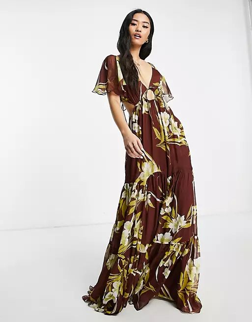 ASOS DESIGN soft tiered maxi dress with tie front in large scale floral | ASOS (Global)