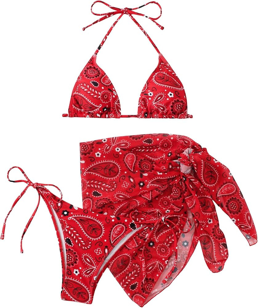 SOLY HUX Bikini Sets for Women Paisley Print Halter Triangle Bathing Suit 3 Piece Swimsuit with S... | Amazon (US)