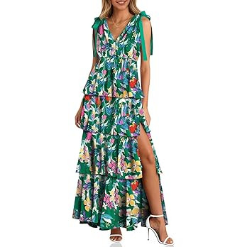 Wenrine Womens Summer Floral Maxi Dress Tie Strap Sleeveless V Neck High Slit Boho Ruffle Tiered ... | Amazon (US)