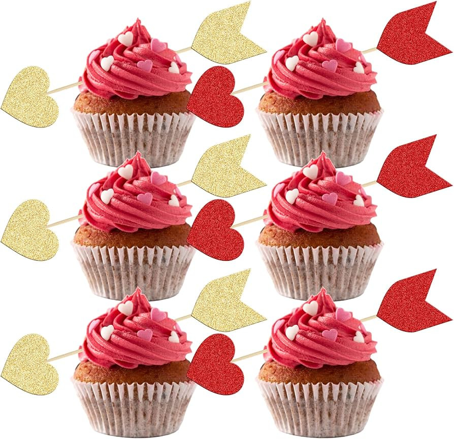 Gyufise 24Pcs Happy Valentine's Day Cupcake Toppers Red Gold Glitter Love Heart Arrow Cupcake Pic... | Amazon (US)