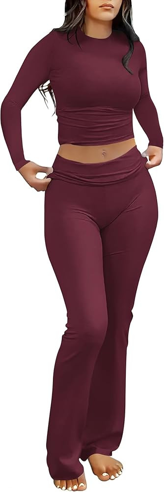 ANRABESS Women 2 Piece Outfits Lightweight Lounge Sets Long Sleeve Cropped Top Fold-over Flare Pa... | Amazon (US)