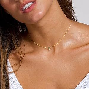 Cross Necklace for Women 14K Gold Plated Sideways Cross Necklace Set Dainty Simple Silver Cross C... | Amazon (US)