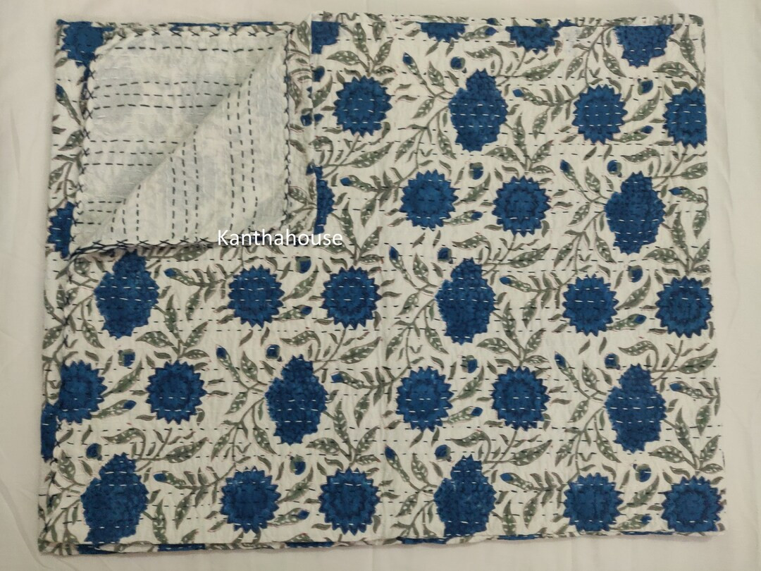 Indian Kantha Quilt New Floral Print Kantha Quilt Kantha Bedcover Throw Cotton Bedcover Cotton Bl... | Etsy (US)