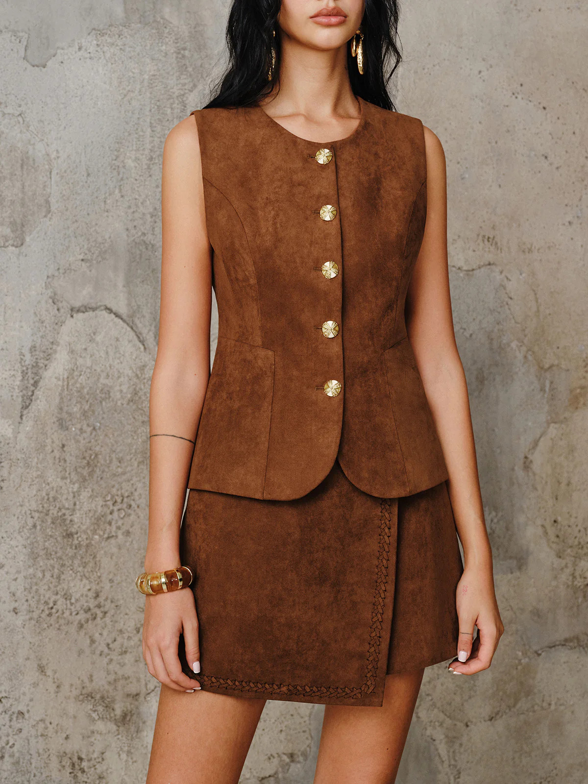 Suede Metal Button Vest | Commense