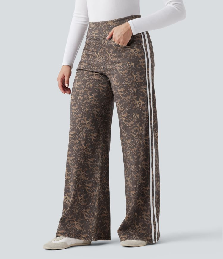 Women’s Halara Flex™ High Waisted Wide Leg Stripes Leopard Print Casual Jeans with Pockets - ... | HALARA