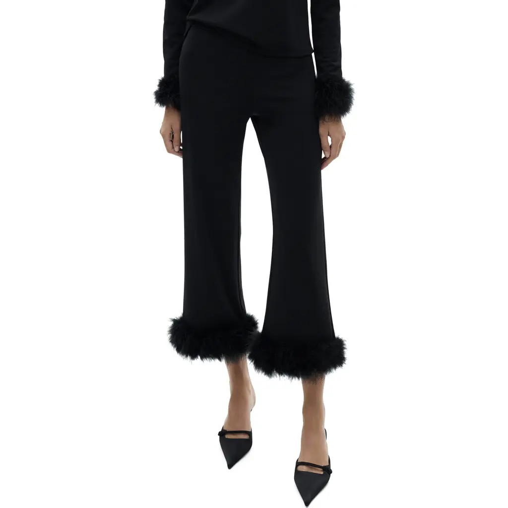 MANGO Feather Trim Crop Pants in Black at Nordstrom, Size Medium | Nordstrom