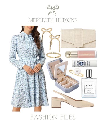 meredith hudkins, preppy, classic, timeless, bow dress, pearl earrings, lipstick, off white clutch, grace perfume, velvet jewelry box, travel jewelry box, nude heels, sam edelman, pearl ring, work dress, summer fashion, spring fashion, ootd, work outfit, blue dress, lipstick, blush, closed toe heels


#LTKsalealert #LTKstyletip #LTKfindsunder50