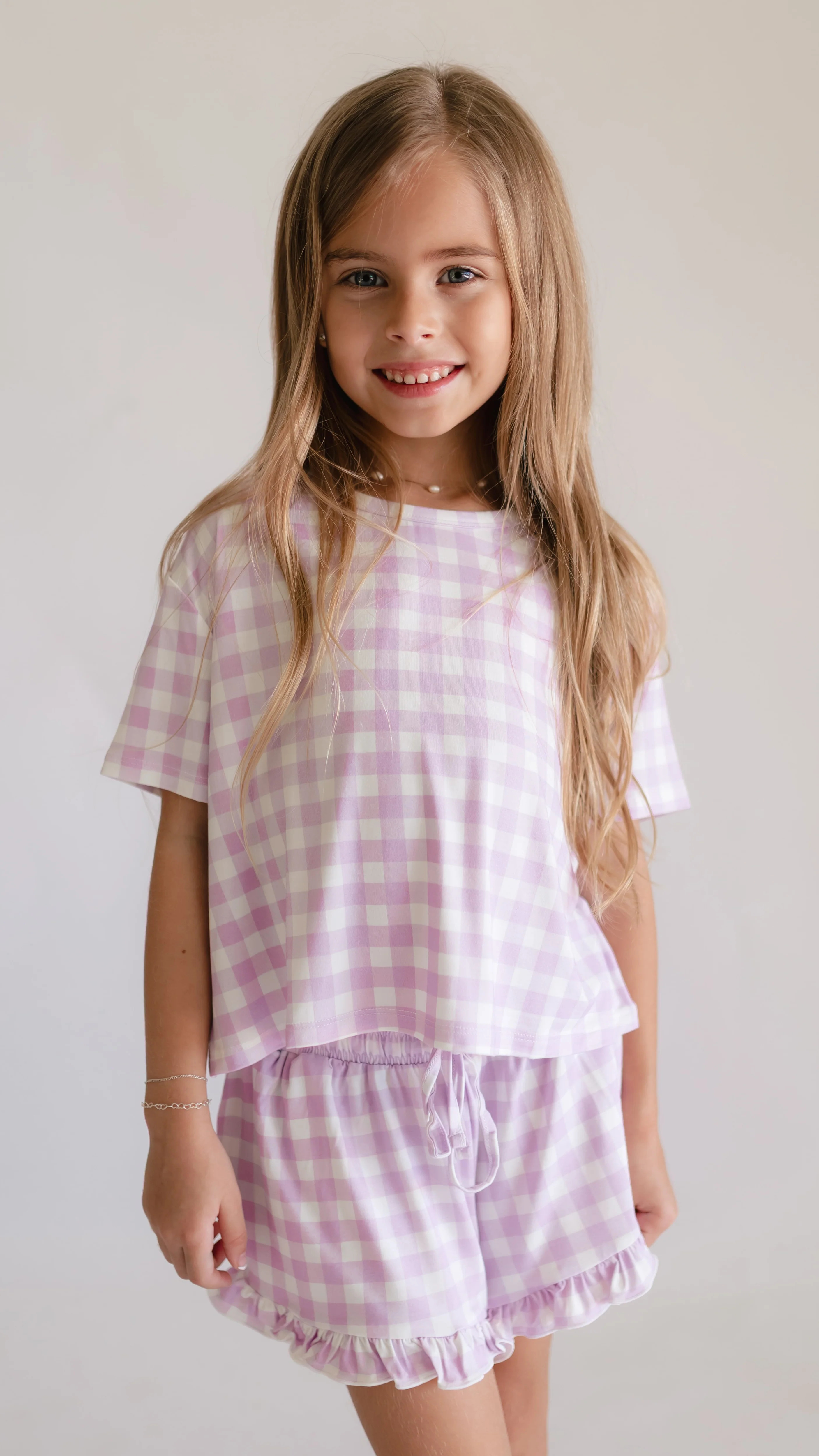 Girl's Ruffle Short Set in Purple Gingham | Silks Design
