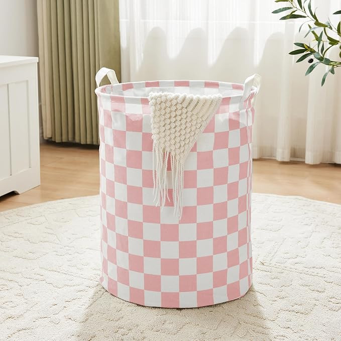 Pink Checkered Laundry Basket, Collapsible Aesthetic Cute Canvas Organizer Hamper Basket for Stor... | Amazon (US)