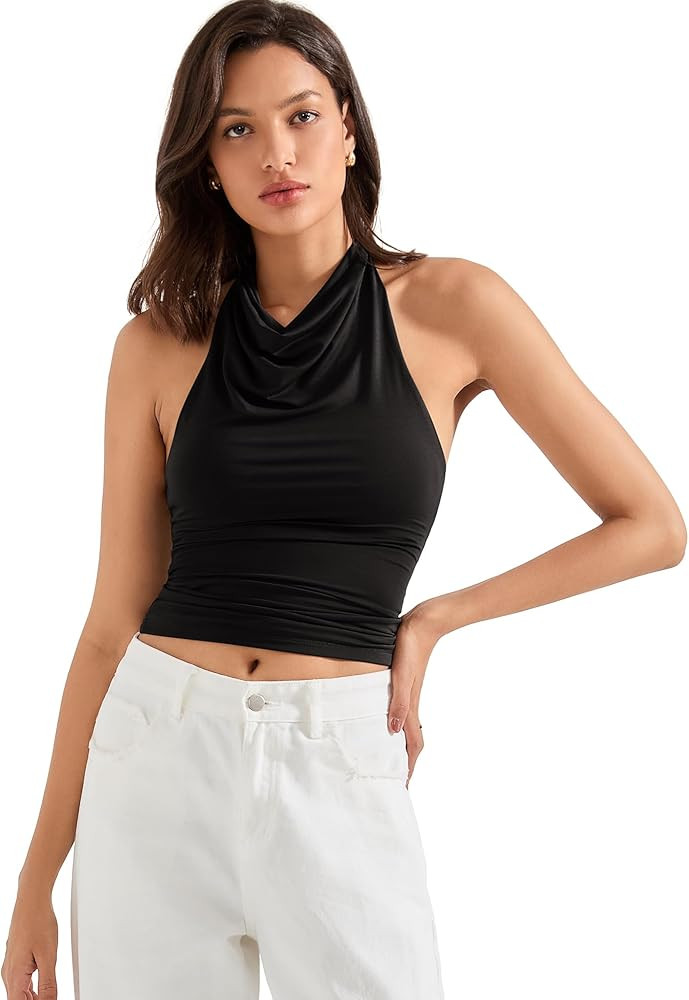SUUKSESS Women Halter Backless Tank Tops Sexy Cowl Neck Summer Going Out Cami Tops | Amazon (US)