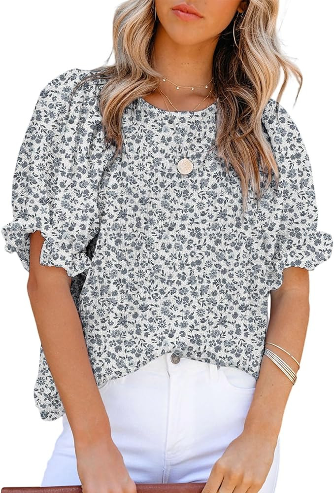 Dokotoo Floral Print Blouses for Women Crewneck Smocked Puff Sleeve Shirts Casual Babydoll Tops | Amazon (US)