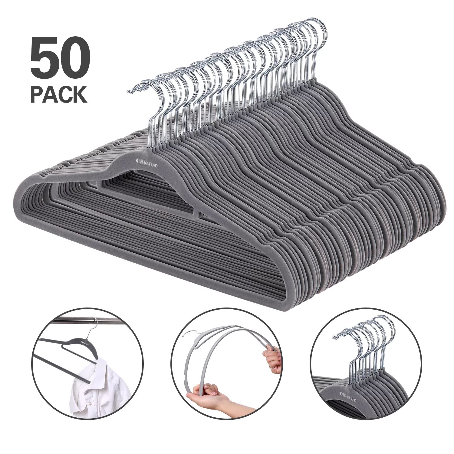 Ollieroo Non-Slip Velvet Clothing Hangers with Swivel Hooks, 50 Pack, Gray - Walmart.com | Walmart (US)