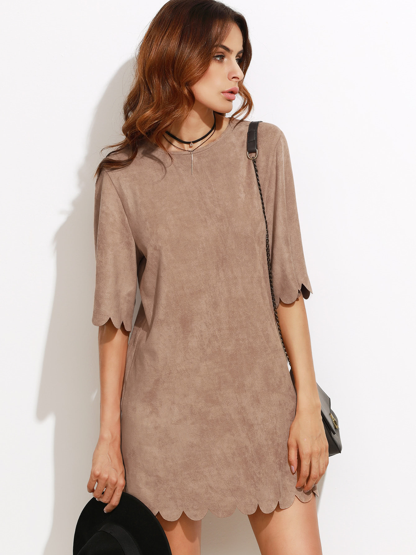 Camel Suede Scallop Mini Dress | SHEIN