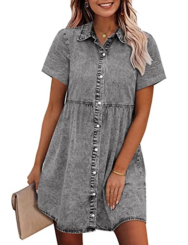 GRAPENT Denim Dress for Women Babydoll Tiered Short Sleeve Button Down Jean Shirt Dresses | Amazon (US)