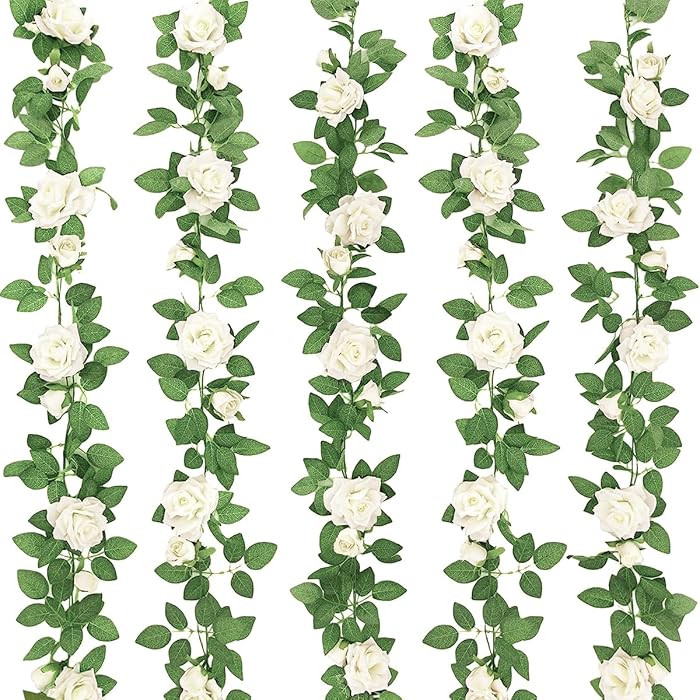 5Pcs 32.5FT Artificial Rose Vine Fake Flower Garland White Fake Silk Floral Hanging for Wedding A... | Amazon (US)