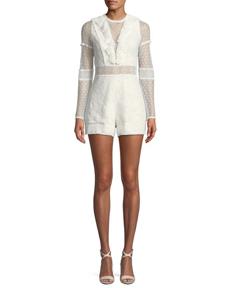 Luisa Long-Sleeve Ruffle Lace Romper | Neiman Marcus