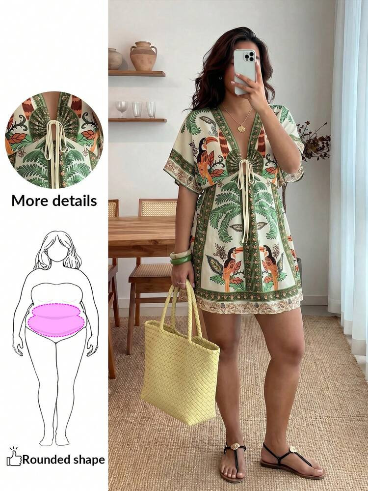 Enliva Plus Size Women Green Dress Plant Print Front Tie Batwing Sleeve Casual Dress Women Summer Beach Resort Wear Toucan Dress Beach Dress Back To School Homecoming Modest Vintage Women Old Money Teacher Outfits For Women Romantic, Fashion, Versatile, Comfortable, Stylish, Elegant, Casual, , Simple Daily Wear, Essential, Solid Color, Holiday Casual, Decent, Single Lady, Elegant Fashion Business Casual Woman Going Out Graduation Outfit Women Summer Dresses For Women Summer Outfit For Women, For Apple Rounded Body Shape | SHEIN