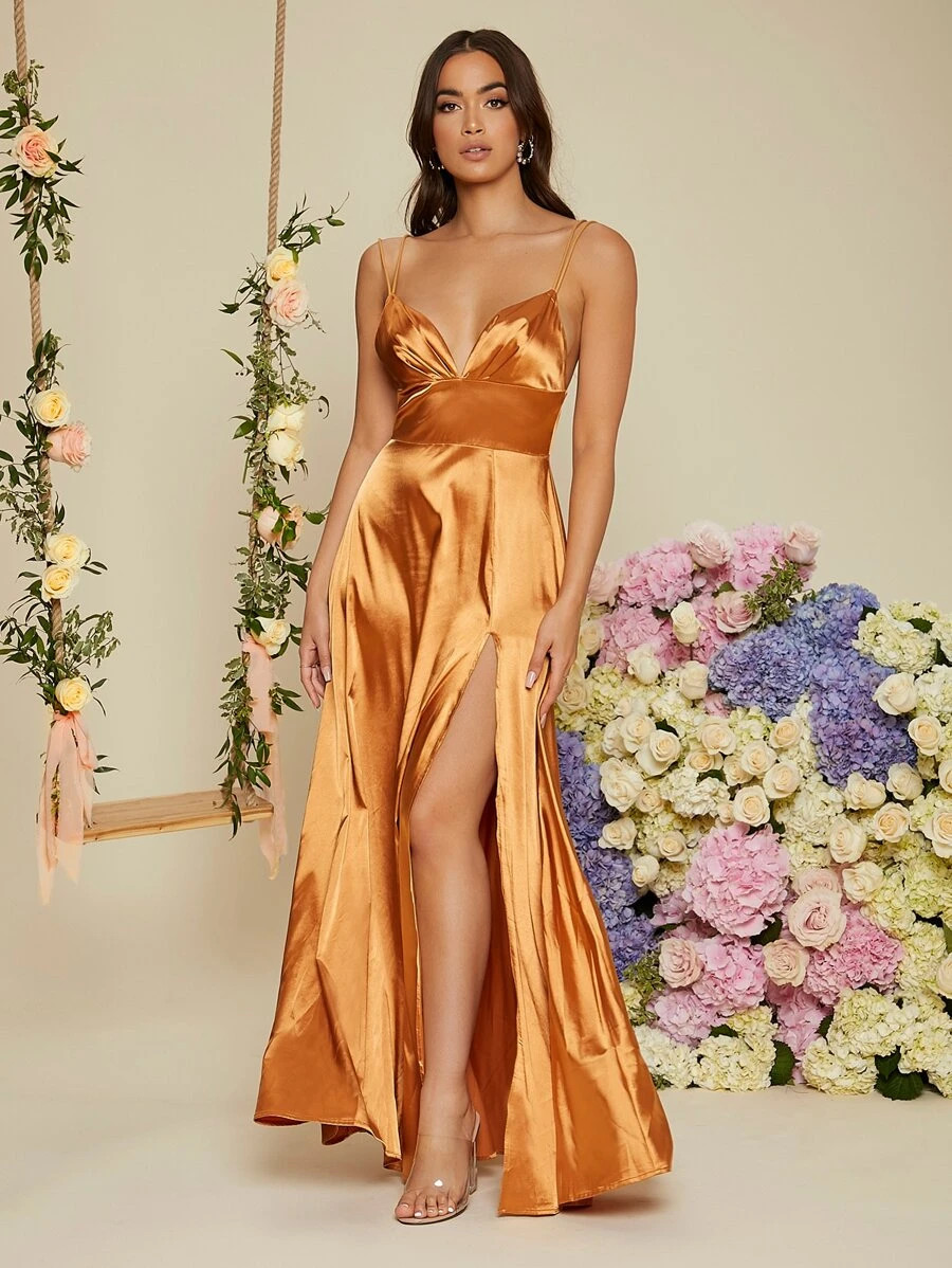 SHEIN Open Back Split Thigh Satin Prom Dress | SHEIN