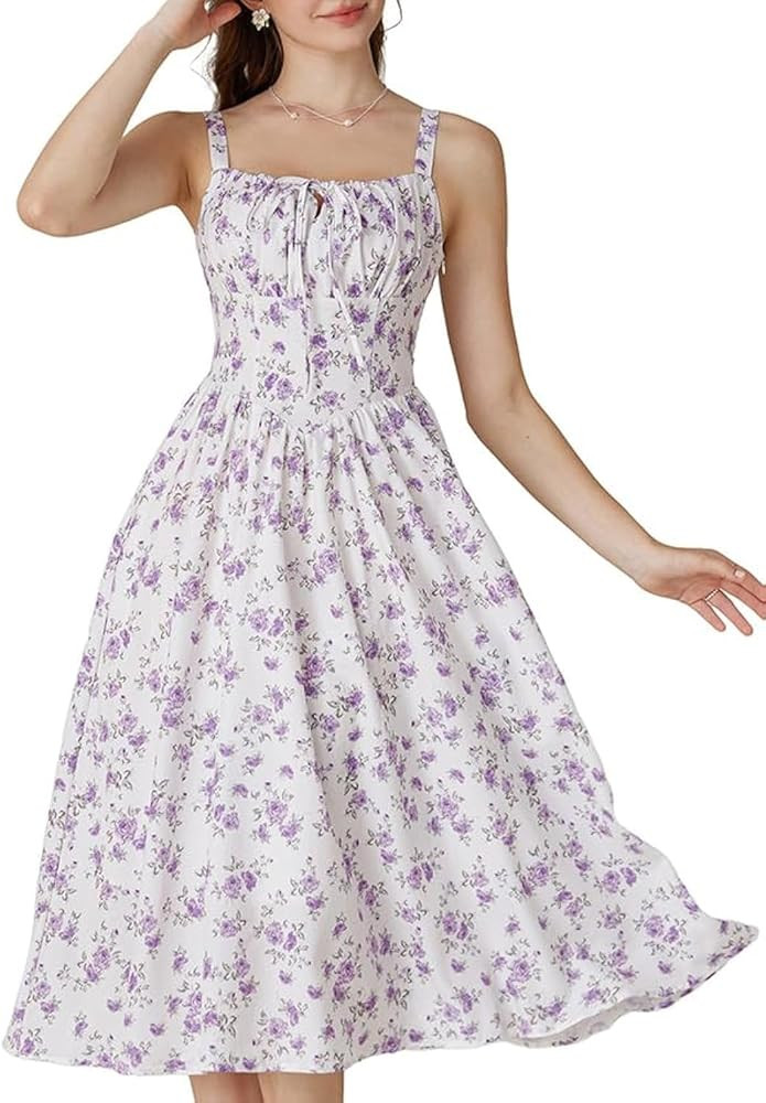 Scarlet Darkness Floral Printed Corset Dress Ruched Bust Cami Dress Flowy Sundress | Amazon (US)