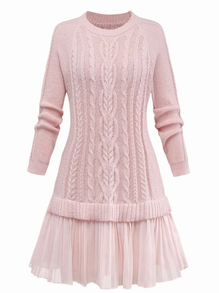 1940s Solid Cable Knit Pleated Hem Sweater Dress | Retro Stage