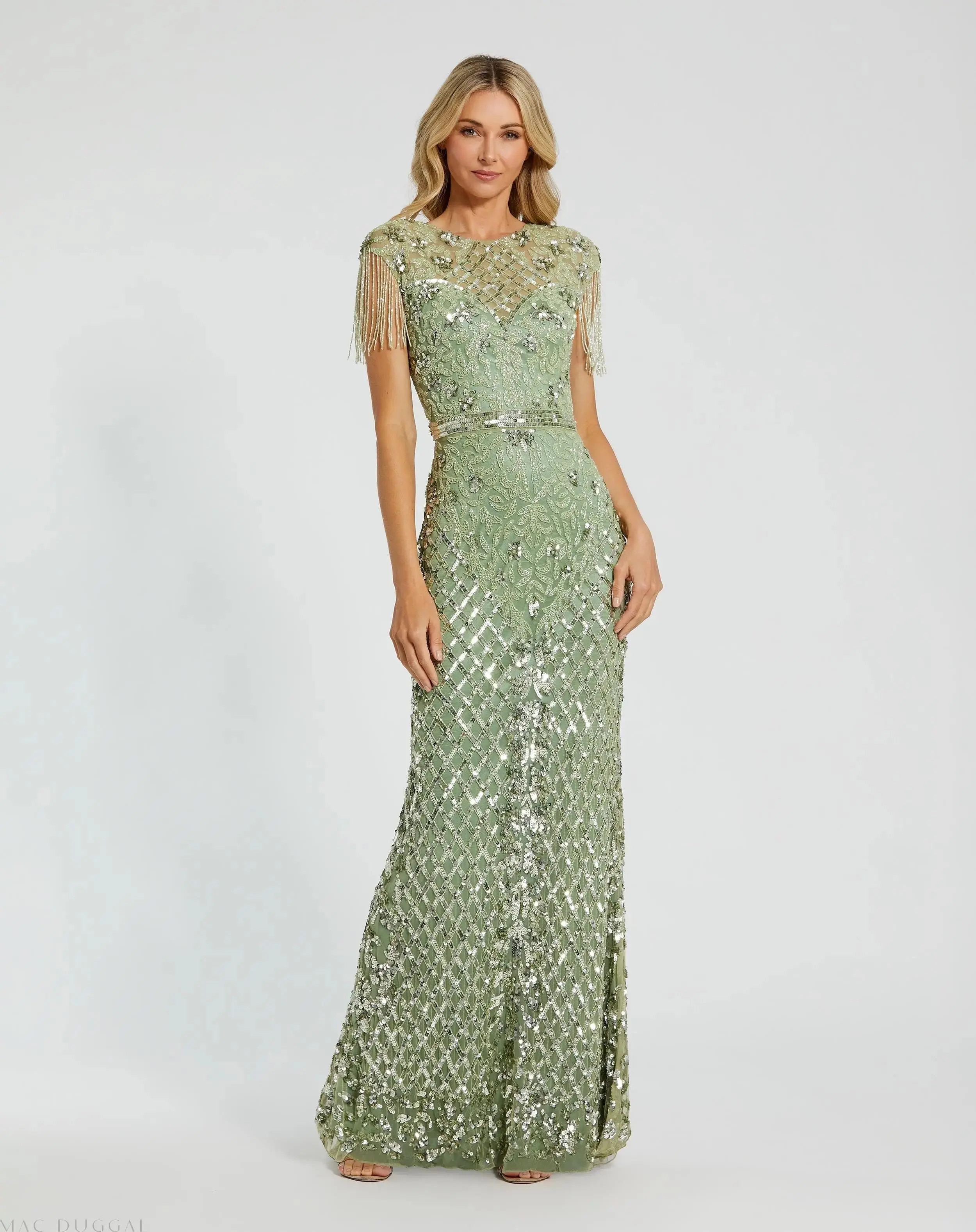 Green High Neck Beaded Fringe Fitted Gown | Mac Duggal | Mac Duggal