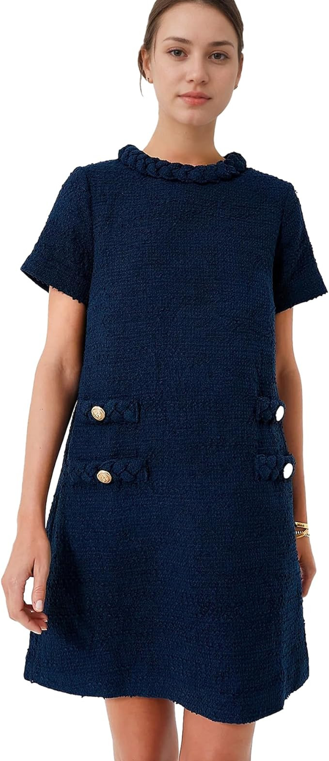 Yioaga Womens Tweed Jackie Dress Elegant Crew Neck Short Sleeve Button Bodycon Mini Dress | Amazon (US)