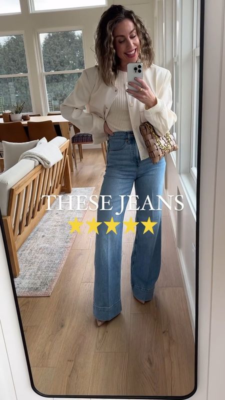 Our favorite jeans to date! This pair of denim from JCrew is 5 🌟! Makes your legs a million miles long and hugs your 🍑 just perfect! Love!!💕 

Size DOWN one - K in 24
Tee - small 
Jacket - small 
Heels - TTS

#LTKStyleTip #LTKWorkwear #LTKOver40