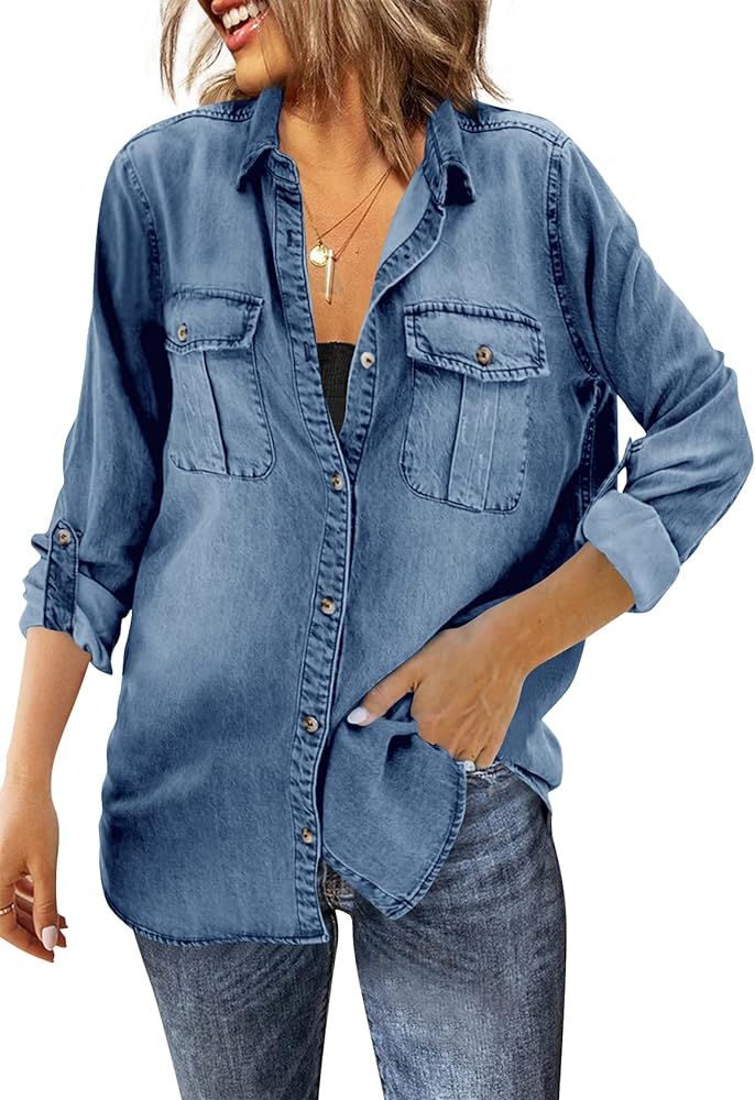 Runcati Womens Button Down Denim Shirt Long Sleeve Roll Up Casual Oversized Jean Shirt Jacket Dis... | Amazon (US)