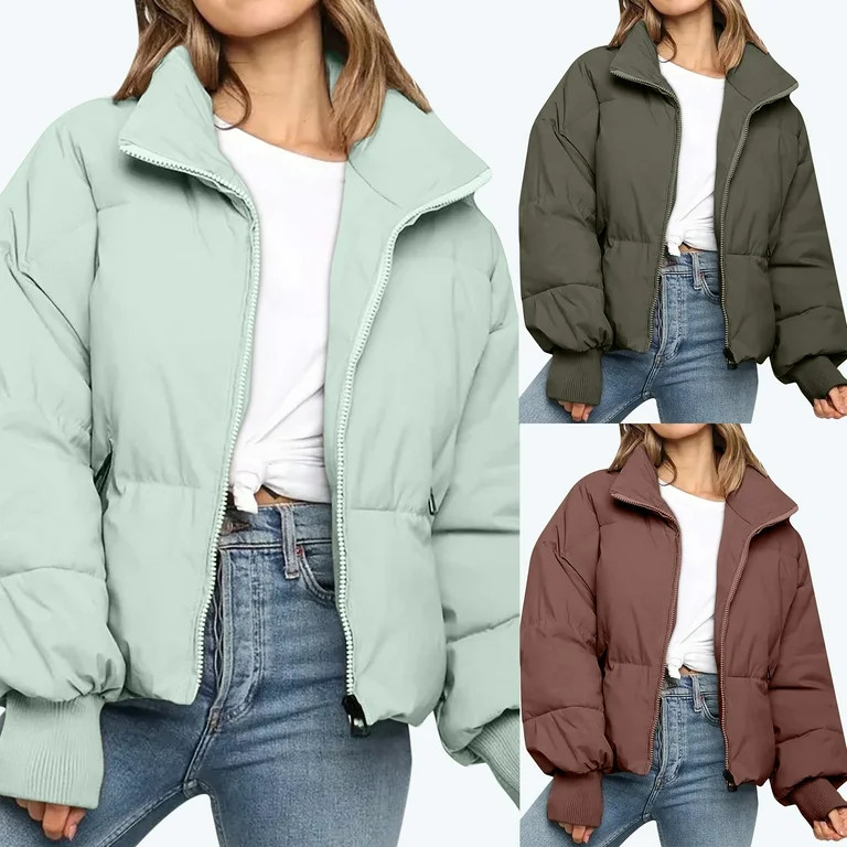 YUGYXL Women’s Winter Cropped Puffer Jacket Coat Casual Quilted Baggy Long Sleeve Zip Down Jack... | Walmart (US)
