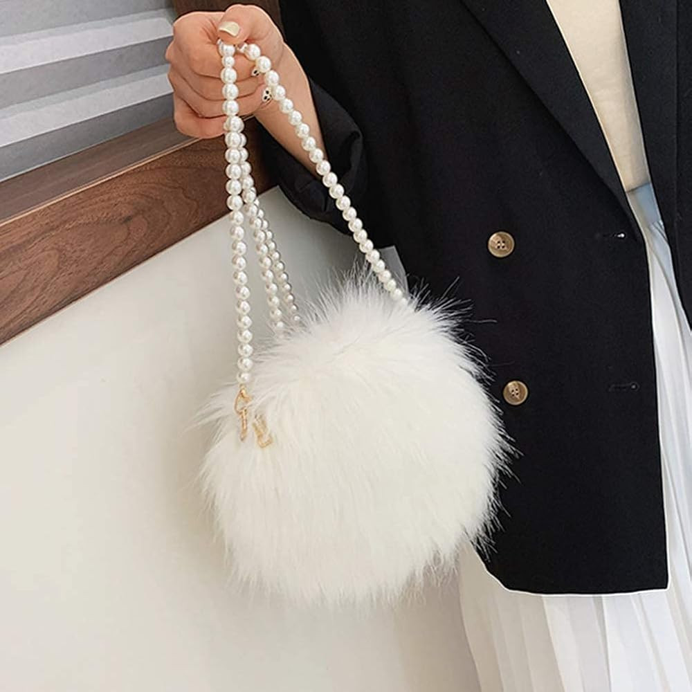 FENICAL Crossbody Bag Plush Pearl Chain Cellphone Purse Small Fuzzy Shoulder Pouch for Women Ladies  | Amazon (US)