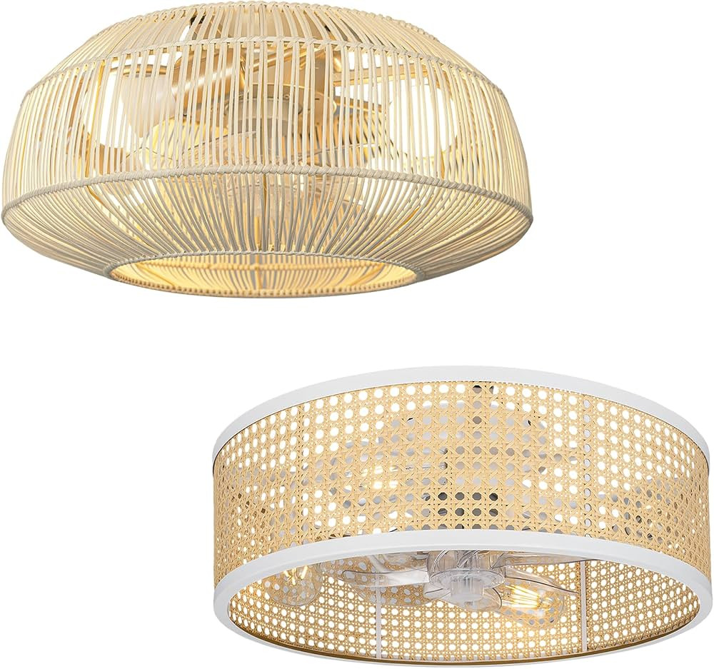 20" Boho Ceiling Fan with Light & Remote, Flush Mount Rattan Fandelier, Low Profile Enclosed Chan... | Amazon (US)