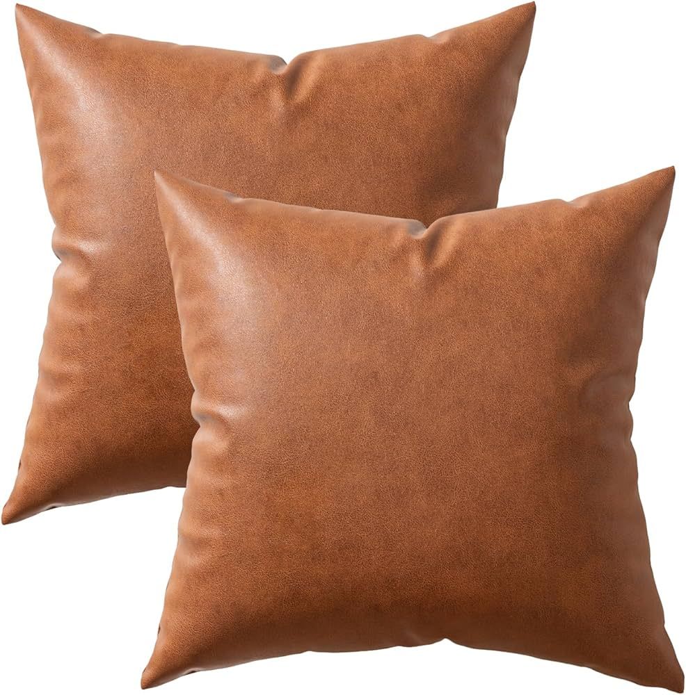 MIULEE Set of 2 Decorative Faux Leather Throw Pillow Covers Brown, 18x18 inch Modern Pillow Cover... | Amazon (US)